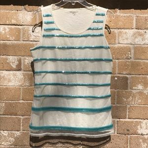 White tank with teal colored sequins in front nwot